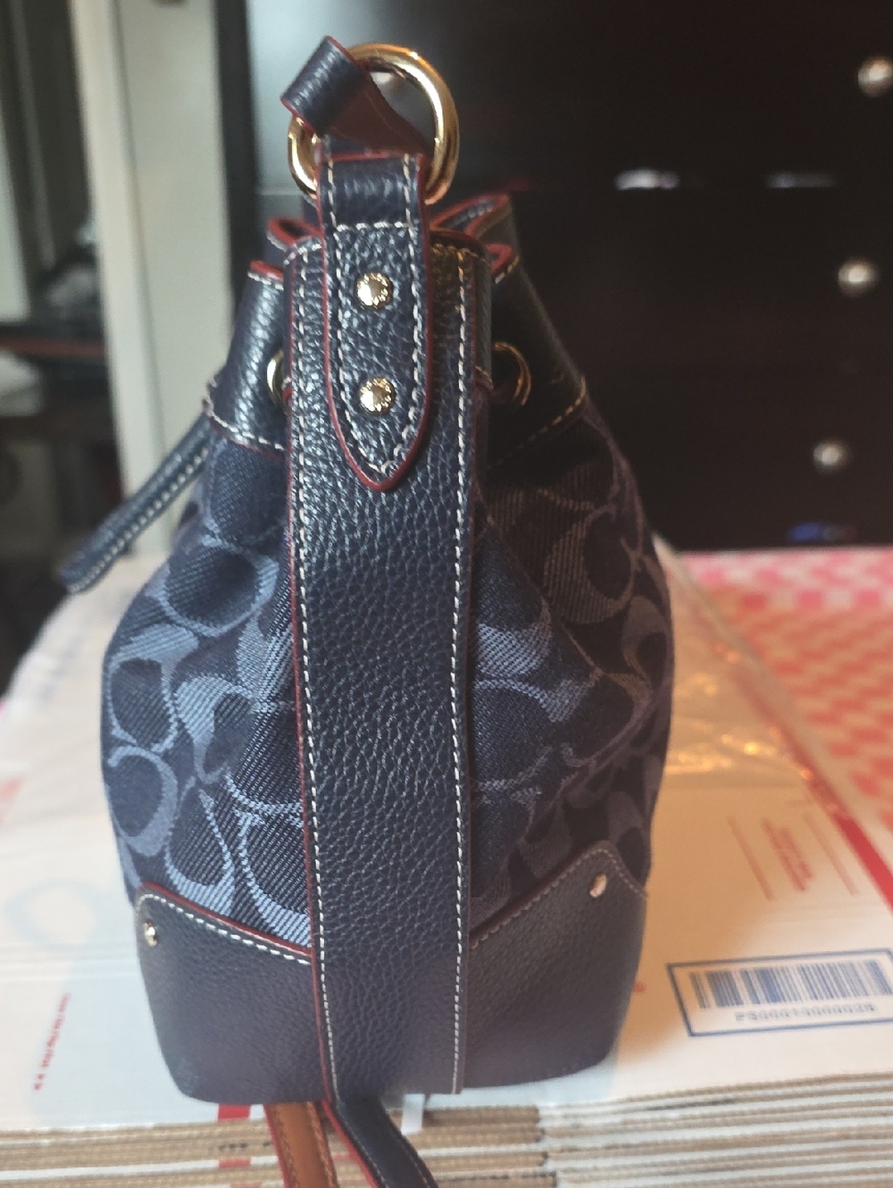 Coach Navy Signature Canvas Drawstring Bucket Bag with Red Trim - Picture 3 of 4